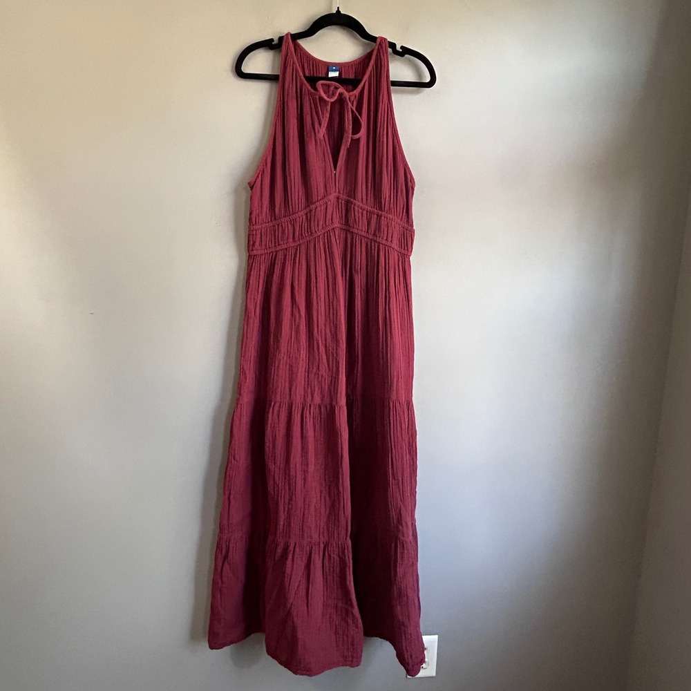 Old Navy Womens Burgundy Cotton Gauze Tiered Halter Maxi Dress Medium